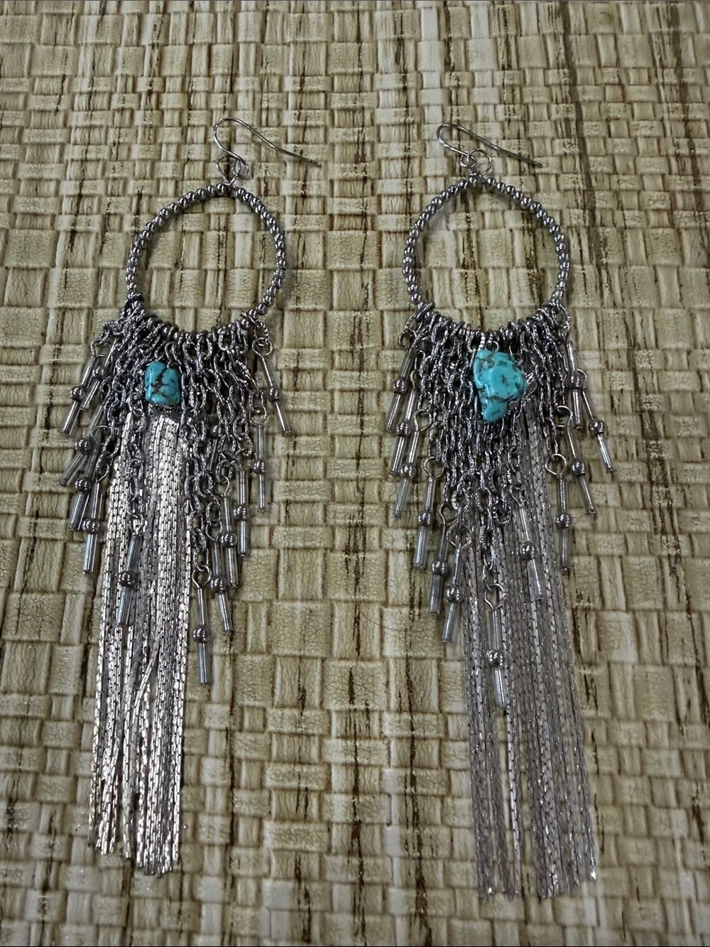 Silver Fringe Hoop Earrings with Turquoise Accent - Women Jewelry